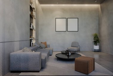 Modern oturma odası iç tasarımı çağdaş, odada doğal tonlar, duvarlar, zemin ve tavan. 3d resimleme