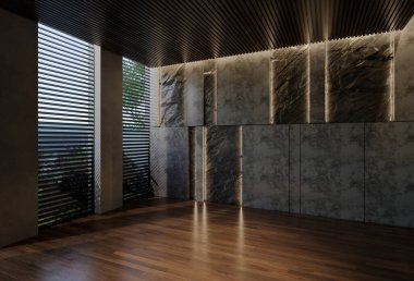 Modern boş oda iç tasarımı çağdaş, odada doğal tonlar, duvarlar, zemin ve tavan. 3d resimleme