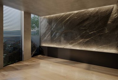 Modern boş oda iç tasarımı çağdaş, odada doğal tonlar, duvarlar, zemin ve tavan. 3d resimleme