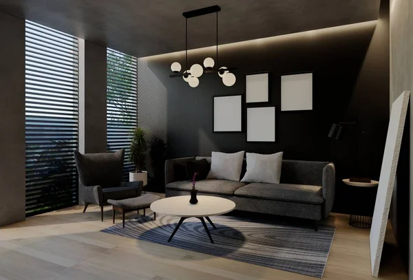 Moderní Design Interiéru Obývacího Pokoje Moderní Přirozenými Tóny Pokoji Stěnách — Stock fotografie