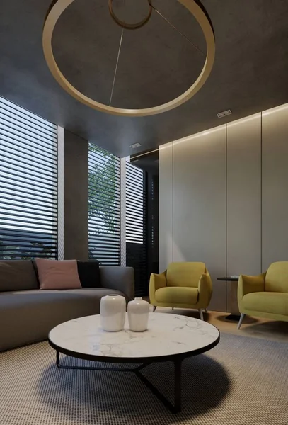 Moderní Design Interiéru Obývacího Pokoje Moderní Přirozenými Tóny Pokoji Stěnách — Stock fotografie