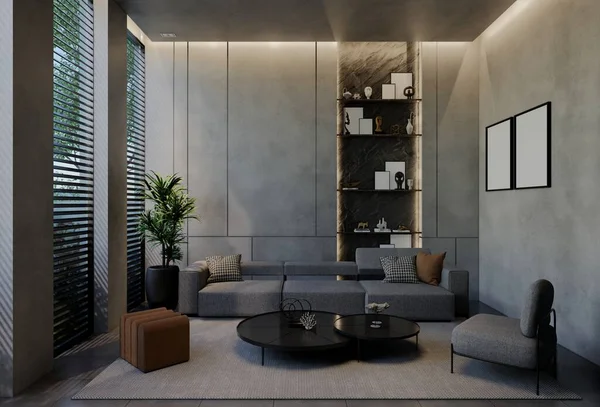 Desain Interior Ruang Tamu Modern Kontemporer Dengan Nada Alami Pada — Stok Foto