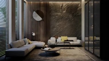 Modern oturma odası 3 boyutlu animasyon, çağdaş iç tasarım odalarda, duvarlarda, zeminde ve tavanlarda doğal tonlarda. 3B resimleme