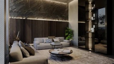 Modern oturma odası 3 boyutlu animasyon, çağdaş iç tasarım odalarda, duvarlarda, zeminde ve tavanlarda doğal tonlarda. 3B resimleme