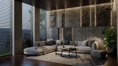 Modern oturma odası 3 boyutlu animasyon, çağdaş iç tasarım odalarda, duvarlarda, zeminde ve tavanlarda doğal tonlarda. 3B resimleme