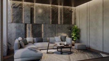 Modern oturma odası 3 boyutlu animasyon, çağdaş iç tasarım odalarda, duvarlarda, zeminde ve tavanlarda doğal tonlarda. 3B resimleme