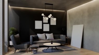 Modern oturma odası 3 boyutlu animasyon, çağdaş iç tasarım odalarda, duvarlarda, zeminde ve tavanlarda doğal tonlarda. 3B resimleme