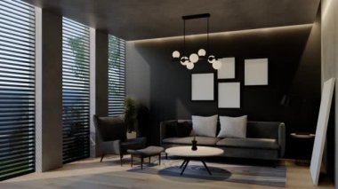 Modern oturma odası 3 boyutlu animasyon, çağdaş iç tasarım odalarda, duvarlarda, zeminde ve tavanlarda doğal tonlarda. 3B resimleme