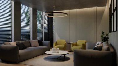 Modern oturma odası 3 boyutlu animasyon, çağdaş iç tasarım odalarda, duvarlarda, zeminde ve tavanlarda doğal tonlarda. 3B resimleme