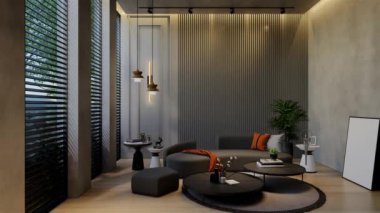 Modern oturma odası 3 boyutlu animasyon, çağdaş iç tasarım odalarda, duvarlarda, zeminde ve tavanlarda doğal tonlarda. 3B resimleme