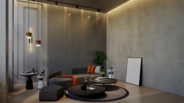 Modern oturma odası 3 boyutlu animasyon, çağdaş iç tasarım odalarda, duvarlarda, zeminde ve tavanlarda doğal tonlarda. 3B resimleme