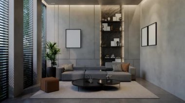 Modern oturma odası 3 boyutlu animasyon, çağdaş iç tasarım odalarda, duvarlarda, zeminde ve tavanlarda doğal tonlarda. 3B resimleme
