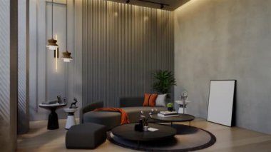 Modern oturma odası 3 boyutlu animasyon, çağdaş iç tasarım odalarda, duvarlarda, zeminde ve tavanlarda doğal tonlarda. 3B resimleme