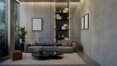 Modern oturma odası 3 boyutlu animasyon, çağdaş iç tasarım odalarda, duvarlarda, zeminde ve tavanlarda doğal tonlarda. 3B resimleme