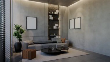 Modern oturma odası 3 boyutlu animasyon, çağdaş iç tasarım odalarda, duvarlarda, zeminde ve tavanlarda doğal tonlarda. 3B resimleme