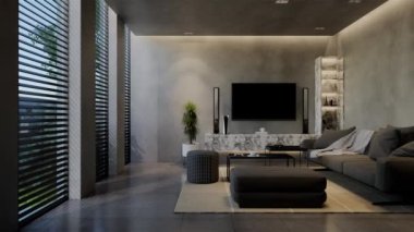 Modern oturma odası 3 boyutlu animasyon, çağdaş iç tasarım odalarda, duvarlarda, zeminde ve tavanlarda doğal tonlarda. 3B resimleme
