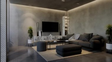 Modern oturma odası 3 boyutlu animasyon, çağdaş iç tasarım odalarda, duvarlarda, zeminde ve tavanlarda doğal tonlarda. 3B resimleme