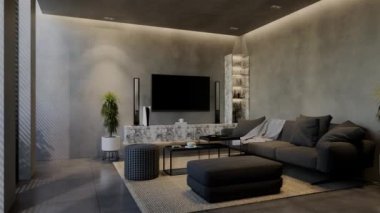 Modern oturma odası 3 boyutlu animasyon, çağdaş iç tasarım odalarda, duvarlarda, zeminde ve tavanlarda doğal tonlarda. 3B resimleme