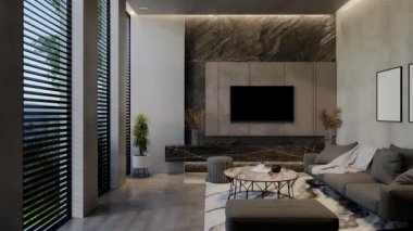 Modern oturma odası 3 boyutlu animasyon, çağdaş iç tasarım odalarda, duvarlarda, zeminde ve tavanlarda doğal tonlarda. 3B resimleme