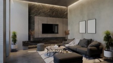 Modern oturma odası 3 boyutlu animasyon, çağdaş iç tasarım odalarda, duvarlarda, zeminde ve tavanlarda doğal tonlarda. 3B resimleme