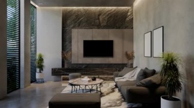 Modern oturma odası 3 boyutlu animasyon, çağdaş iç tasarım odalarda, duvarlarda, zeminde ve tavanlarda doğal tonlarda. 3B resimleme