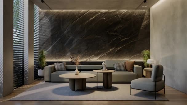 现代客厅3D动画 现代室内设计与自然色调的房间 地板和天花板 3D渲染说明 — 图库视频影像
