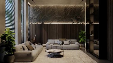Modern oturma odası 3 boyutlu animasyon, çağdaş iç tasarım odalarda, duvarlarda, zeminde ve tavanlarda doğal tonlarda. 3B resimleme