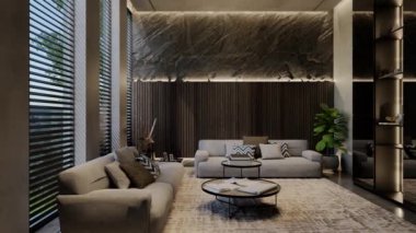 Modern oturma odası 3 boyutlu animasyon, çağdaş iç tasarım odalarda, duvarlarda, zeminde ve tavanlarda doğal tonlarda. 3B resimleme