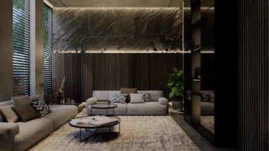 Modern oturma odası 3 boyutlu animasyon, çağdaş iç tasarım odalarda, duvarlarda, zeminde ve tavanlarda doğal tonlarda. 3B resimleme