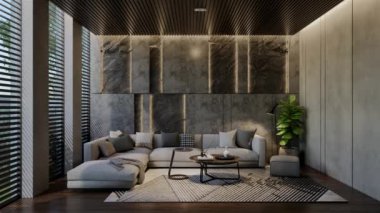 Modern oturma odası 3 boyutlu animasyon, çağdaş iç tasarım odalarda, duvarlarda, zeminde ve tavanlarda doğal tonlarda. 3B resimleme