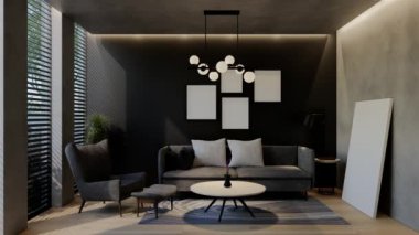 Modern oturma odası 3 boyutlu animasyon, çağdaş iç tasarım odalarda, duvarlarda, zeminde ve tavanlarda doğal tonlarda. 3B resimleme