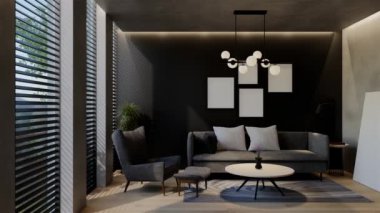 Modern oturma odası 3 boyutlu animasyon, çağdaş iç tasarım odalarda, duvarlarda, zeminde ve tavanlarda doğal tonlarda. 3B resimleme