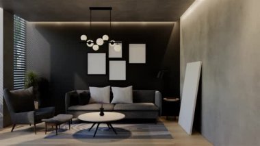Modern oturma odası 3 boyutlu animasyon, çağdaş iç tasarım odalarda, duvarlarda, zeminde ve tavanlarda doğal tonlarda. 3B resimleme
