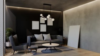 Modern oturma odası 3 boyutlu animasyon, çağdaş iç tasarım odalarda, duvarlarda, zeminde ve tavanlarda doğal tonlarda. 3B resimleme
