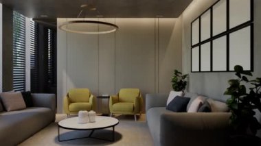 Modern oturma odası 3 boyutlu animasyon, çağdaş iç tasarım odalarda, duvarlarda, zeminde ve tavanlarda doğal tonlarda. 3B resimleme