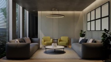 Modern oturma odası 3 boyutlu animasyon, çağdaş iç tasarım odalarda, duvarlarda, zeminde ve tavanlarda doğal tonlarda. 3B resimleme