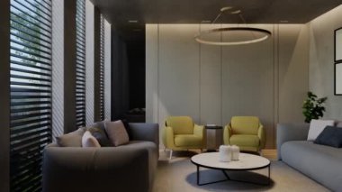 Modern oturma odası 3 boyutlu animasyon, çağdaş iç tasarım odalarda, duvarlarda, zeminde ve tavanlarda doğal tonlarda. 3B resimleme