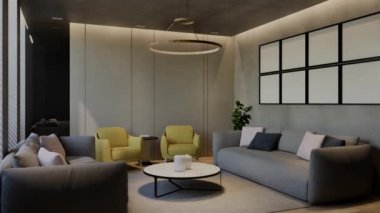 Modern oturma odası 3 boyutlu animasyon, çağdaş iç tasarım odalarda, duvarlarda, zeminde ve tavanlarda doğal tonlarda. 3B resimleme