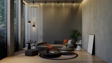 Modern oturma odası 3 boyutlu animasyon, çağdaş iç tasarım odalarda, duvarlarda, zeminde ve tavanlarda doğal tonlarda. 3B resimleme