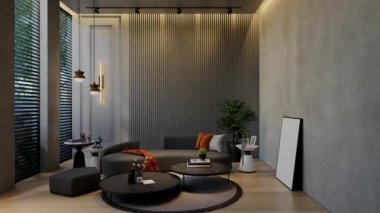 Modern oturma odası 3 boyutlu animasyon, çağdaş iç tasarım odalarda, duvarlarda, zeminde ve tavanlarda doğal tonlarda. 3B resimleme