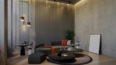 Modern oturma odası 3 boyutlu animasyon, çağdaş iç tasarım odalarda, duvarlarda, zeminde ve tavanlarda doğal tonlarda. 3B resimleme