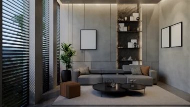 Modern oturma odası 3 boyutlu animasyon, çağdaş iç tasarım odalarda, duvarlarda, zeminde ve tavanlarda doğal tonlarda. 3B resimleme