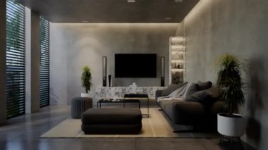 Modern oturma odası 3 boyutlu animasyon, çağdaş iç tasarım odalarda, duvarlarda, zeminde ve tavanlarda doğal tonlarda. 3B resimleme