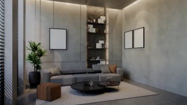 Modern oturma odası 3 boyutlu animasyon, çağdaş iç tasarım odalarda, duvarlarda, zeminde ve tavanlarda doğal tonlarda. 3B resimleme