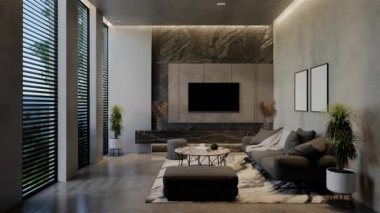 Modern oturma odası 3 boyutlu animasyon, çağdaş iç tasarım odalarda, duvarlarda, zeminde ve tavanlarda doğal tonlarda. 3B resimleme