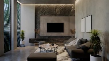 Modern oturma odası 3 boyutlu animasyon, çağdaş iç tasarım odalarda, duvarlarda, zeminde ve tavanlarda doğal tonlarda. 3B resimleme