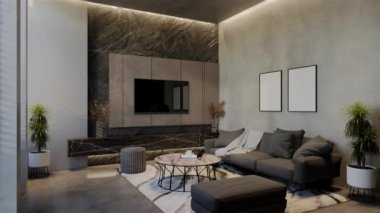 Modern oturma odası 3 boyutlu animasyon, çağdaş iç tasarım odalarda, duvarlarda, zeminde ve tavanlarda doğal tonlarda. 3B resimleme