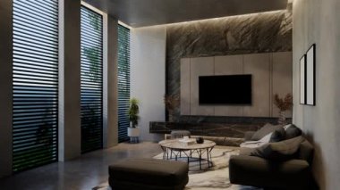 Modern oturma odası 3 boyutlu animasyon, çağdaş iç tasarım odalarda, duvarlarda, zeminde ve tavanlarda doğal tonlarda. 3B resimleme