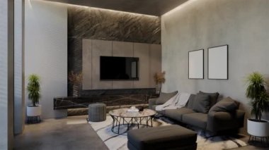 Modern oturma odası 3 boyutlu animasyon, çağdaş iç tasarım odalarda, duvarlarda, zeminde ve tavanlarda doğal tonlarda. 3B resimleme