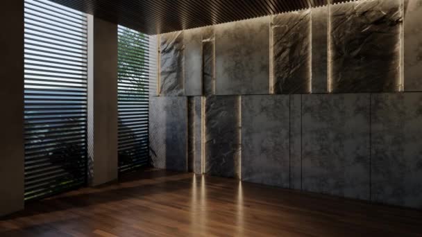 Современный Дизайн Интерьера Пустой Комнаты Естественными Тонами Комнате Стенах Полу — стоковое видео